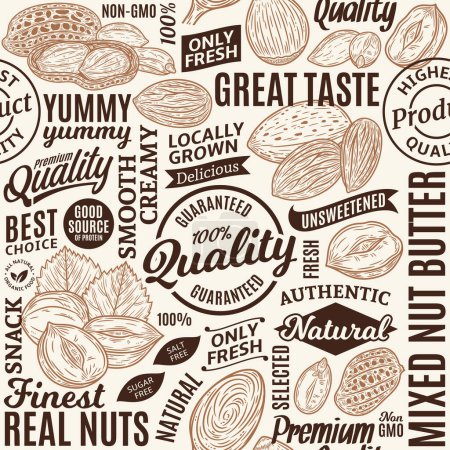 Typographic vector mixed nut butter seamless pattern or background, nut kernels and shells