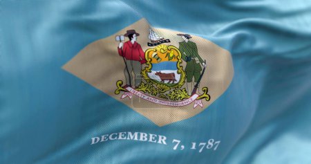 Photo for Close-up view of the Delaware state flag waving in the wind. Delaware is a state in the Mid-Atlantic region of the United States. Fabric textured background. Selective focus. 3D illustration - Royalty Free Image