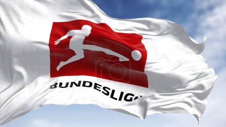 Téléchargez les photos : Munich, DE, novembre 2022 : Gros plan du drapeau de la Bundesliga agitant le vent. La Bundesliga est une ligue allemande de football. Éditorial illustratif. Illustration 3d - en image libre de droit