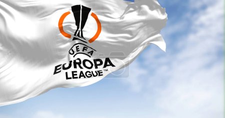 Photo for Budapest HU, Nov 2022: UEFA Europa League flag waving in the wind. Europa League is an annual football club competition for european clubs. 3d illustration - Royalty Free Image