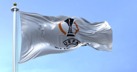 Photo for Budapest HU, Nov 2022: UEFA Europa League flag waving in the wind. Europa League is an annual football club competition for european clubs. - Royalty Free Image