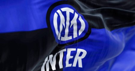 Téléchargez les photos : Milan, Italy, July 2022: The flag of Inter Football Club waving in the wind. Inter is a professional football club based in Milan, Italy - en image libre de droit