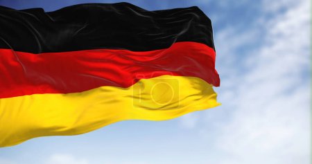 Die deutsche Nationalflagge weht an einem klaren Tag im Wind. Die Bundesrepublik Deutschland ist ein Land in Mitteleuropa. Selektiver Fokus. 3D-Illustration