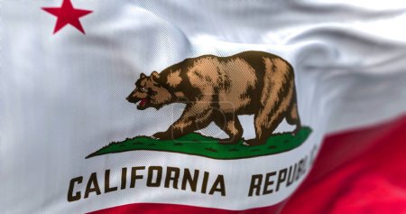 Nahaufnahme der Flagge des kalifornischen Bundesstaates, die weht. Die kalifornische Flagge ist auch die Bärenfahne. Wellenförmiger Stoff. Texturierter Hintergrund. Selektiver Fokus. Realistische 3D-Illustration