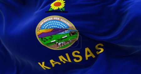Photo for Close-up view of Kansas state flag waving in the wind. Kansas is a state in the Midwestern United States. Rippled Fabric. Textured background. Selective focus. Realistic 3d illustration - Royalty Free Image