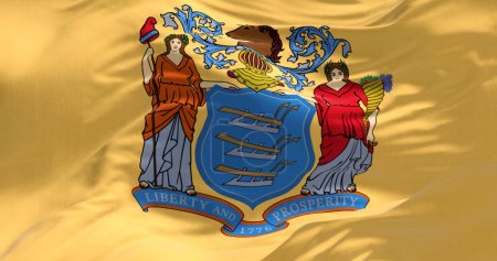 Foto de Close-up of the New Jersey state flag. Coat of arms on buff background. US state. Rippled fabric. Textured background. Realistic 3d illustration - Imagen libre de derechos