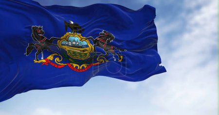 Foto de Pennsylvania state flag waving in the wind on a clear day. Blue flag with Pennsylvania coat of arms in the center. Rippled fabric. Realistic 3D illustration - Imagen libre de derechos