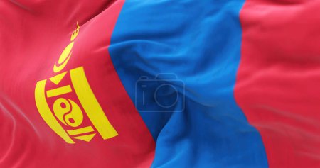Téléchargez les photos : Detail of the Mongolia national flag waving in the wind. Mongolia is a State of East Asia. Rippled fabric. Textured background. Realistic 3d illustration. Close-up. Selective focus - en image libre de droit