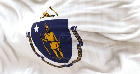 Foto de Detalle de la bandera del estado de Massachusetts ondeando. Escudo de armas del estado sobre fondo blanco; representa Algonquin por la paz, estrella blanca representa la admisión del estado a la Unión. Renderizado de ilustración 3D. - Imagen libre de derechos