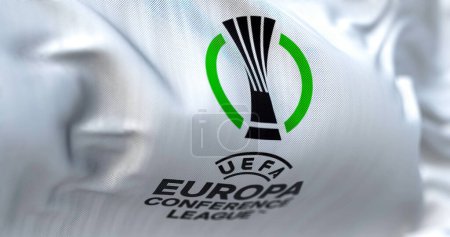 Photo for Prague, Czech Rep, July 2022: Close-up view of the UEFA Europa Conference League flag waving. Europa Conference League is an annual football club competition for european clubs. 3D illustration render - Royalty Free Image