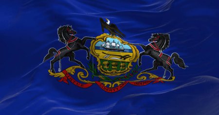 Foto de Primer plano de la bandera del estado de Pensilvania ondeando al viento. Bandera azul con escudo de Pennsylvania en el centro. 3d render ilustración. Primer plano. Fondo de tela texturizada - Imagen libre de derechos