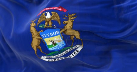 Photo for Detail of Michigan state flag waving. Dark blue flag with state coat of arms featuring an eagle, an elk and a moose. 3d illustration render. Selective focus. Close-up. - Royalty Free Image
