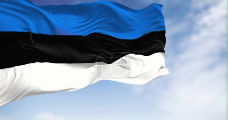 Foto de La bandera nacional de Estonia ondeando en el viento en un día claro. Tres rayas horizontales iguales de azul, blanco y negro. Ilustración 3D render. Tejido ondulado. - Imagen libre de derechos