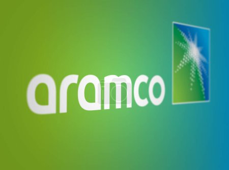 Photo for Dhahran, SA, March 2022: Aramco logo on a green and blue background. Aramco is a Saudi Arabian public petroleum and natural gas company. Illustrative editorial illustration. Selective focus - Royalty Free Image