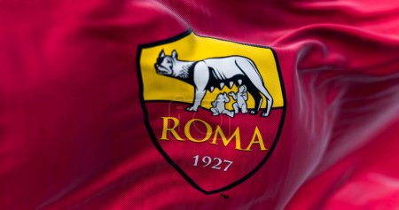 Photo for Rome, IT, march 2023: flag of AS Roma waving. AS Roma is a professional football club based in Rome. Illustrative editorial 3d illustration render. Selective focus. Close-up. Fluttering textile - Royalty Free Image