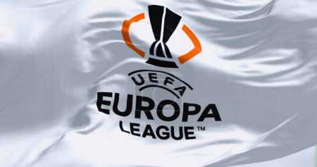 Foto de Budapest, HU, abril 2023: Detalle de la bandera de la UEFA Europa League ondeando. Europa League es una competición anual de clubes de fútbol para clubes europeos. Ilustración editorial ilustrativa 3D render - Imagen libre de derechos