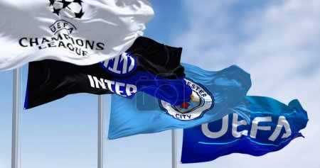 Photo for Istanbul, TR, May 2023: The flags of the Champions League, Inter Milan, Manchester City and UEFA waving. Inter Milan vs Man City in 2023 CL final. Illustrative editorial 3d illustration render - Royalty Free Image