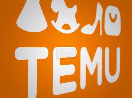 Foto de Boston, Estados Unidos, marzo de 2023: Logo blanco de Temu sobre fondo naranja. Temu es un mercado en línea, productos de calidad asequible. Editorial ilustrativo. Enfoque selectivo - Imagen libre de derechos