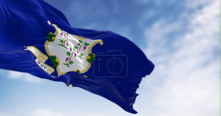 Foto de Vista de cerca de la bandera del estado de Connecticut ondeando. Escudo blanco sobre fondo azul con tres viñas cada una con racimos de uvas. 3d render ilustración. Enfoque selectivo - Imagen libre de derechos
