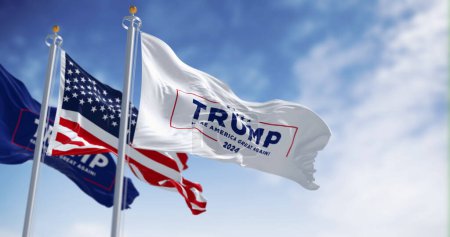 Photo for Arlington, US, march 2023: Flags of Donald Trump election campaign and the national flag of the United States waving. 2024 US presidential elections. Illustrative editorial 3d illustration render - Royalty Free Image