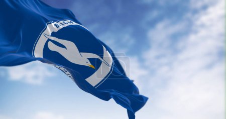 Photo for Brighton, UK, May 2023: Brighton and Hove Albion Football Club flag waving in the wind on a clear day. English Premier League team. Illustrative editorial 3d illustration render. Selective focus - Royalty Free Image