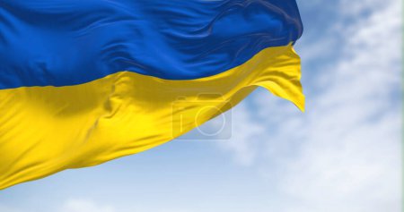 Photo for National flag of Ukraine waving in the wind on a clear day. Two equal horizontal bands of blue and yellow. Democracy and politics. 3d illustration render. Fluttering fabric - Royalty Free Image