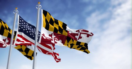 Foto de Banderas de Maryland y de los Estados Unidos ondeando en el viento en un día despejado. Imagen patriótica y simbólica. 3d render ilustración. Enfoque selectivo - Imagen libre de derechos