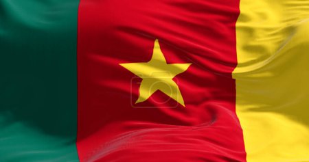 Gros plan du drapeau national du Cameroun agitant le vent. Trois bandes verticales vert, rouge et jaune, étoile jaune au centre. Illustration 3D rendu. Fond de tissu flottant