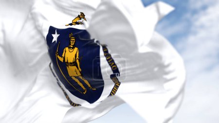 Foto de Primer plano de la bandera del estado de Massachusetts ondeando. Escudo de armas del estado sobre fondo blanco; representa a Algonquin por la paz, estrella blanca para la admisión del estado a la Unión. Ilustración 3D render. Enfoque selectivo. - Imagen libre de derechos