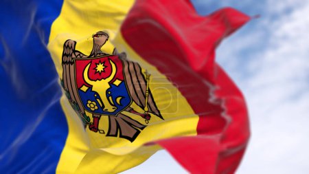Close-up view of the Moldova national flag waving in the wind. Republic of Moldova is a landlocked country in Eastern Europe. Selective focus. 3d illustration render. Selective focus