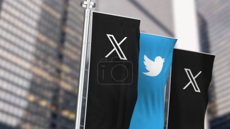 Foto de San Francisco, Estados Unidos, 21 de julio de 2023: tres pancartas verticales con el logotipo de X y el antiguo logotipo de Twitter. Ilustrativo editorial 3d illustration render. Enfoque selectivo - Imagen libre de derechos