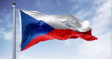 An einem klaren Tag weht stolz die Nationalflagge der Tschechischen Republik. Ein Symbol der Unabhängigkeit, des Stolzes und des kulturellen Erbes. 3D Illustration rendern. Flatternder Stoff