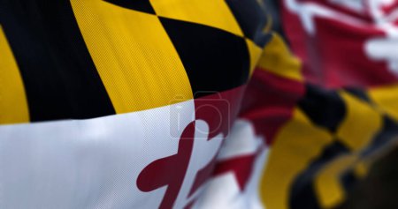 Foto de Primer plano de la bandera del estado de Maryland ondeando. cuatro cuadrantes con los colores de las familias Calvert y Crossland. 3d render ilustración. Enfoque selectivo. Tejido ondulado fondo - Imagen libre de derechos