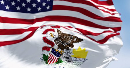 Photo for The Illinois state flag waving with the national flag of the United States of America on a clear day. 3D illustration render. Fluttering fabric. Selective focus - Royalty Free Image