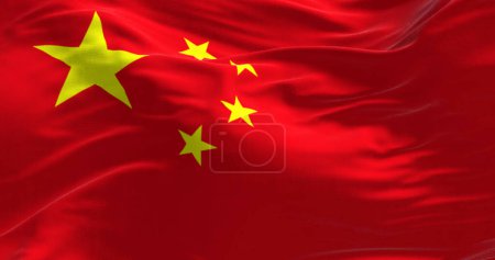 Close-up of national flag of China waving in the wind. Red background, five yellow stars. The largest symbolizes the guidance of the Chinese Communist Party. 3D illustration render. Rippled fabric