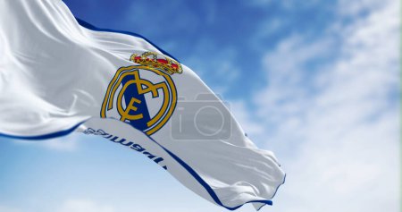 Photo for Madrid, Spain, May 2022: Real Madrid Club de Futbol flag waving in the wind. Spanish professional football club based in Madrid. Illustrative editorial 3d illustration render. Selective focus - Royalty Free Image
