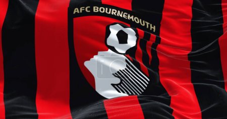Photo for Bournemouth, UK, Sept. 4 2023: Close-up of AFC Bournemouth flag waving. English football club based in Kings Park, Boscombe. Illustrative editorial 3d illustration render. Rippled fabric - Royalty Free Image