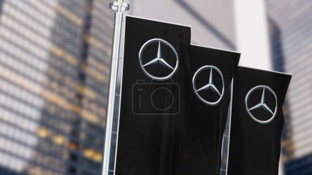 Photo for Stuttgart, DE, Aug 20 2023: Three black vertical banners with Mercedes logo waving in the wind. German luxury and commercial vehicle automotive brand. Illustrative editorial 3d illustration render - Royalty Free Image