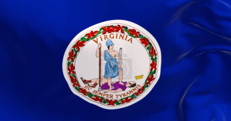 Téléchargez les photos : Gros plan du drapeau de l'État de Virginie agitant le vent. Sceau d'état au milieu d'un fond bleu foncé. Illustration 3D rendu. Fond texturé. Tissu ondulant - en image libre de droit