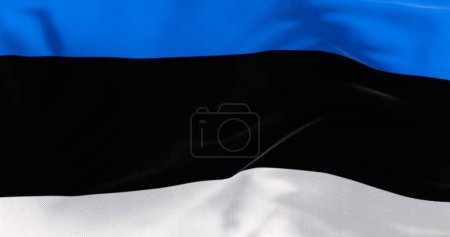 Foto de Primer plano de la bandera nacional de Estonia ondeando al viento. Tres bandas iguales horizontales azul, negro y blanco. 3d render ilustración. Fondo texturizado. Tejido ondulado - Imagen libre de derechos