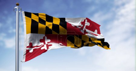 Foto de Bandera del estado de Maryland ondeando en un día despejado. Cuatro cuadrantes con los colores de las familias Calvert y Crossland. 3d render ilustración. Tejido de aleteo - Imagen libre de derechos