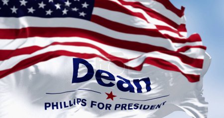 Photo for Excelsior, US, OCT. 27 2023: Close-up of Dean Phillips election campaign flag and the American flag waving. 2024 US presidential election. Illustrative editorial 3d illustration render - Royalty Free Image