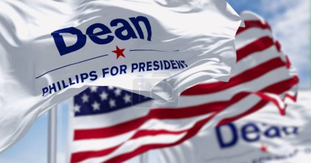 Photo for Excelsior, US, OCT. 27 2023: Close-up of Dean Phillips election campaign flags and the American flag waving. 2024 US presidential election. Illustrative editorial 3d illustration render - Royalty Free Image