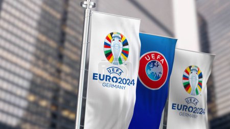 Téléchargez les photos : Berlin, DE, 30 octobre 2023 : UEFA et UEFA Euro 2024 Bannières verticales du Championnat d'Europe de football agitant par temps clair. Événement sportif international. Illustration éditoriale 3d rendu - en image libre de droit