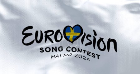 Téléchargez les photos : Malmo, SE, 25 octobre 2023 : Gros plan sur le concours Eurovision de la chanson 2024 agitant le drapeau. L'édition 2024 aura lieu à Malmo en mai. Illustration éditoriale 3d rendu - en image libre de droit