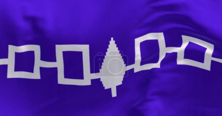 Foto de Primer plano de la bandera iroquesa ondeando. Bandera púrpura con cuatro cuadrados blancos conectados y un pino blanco oriental en el centro. 3d render ilustración. Rippling fondo de tela - Imagen libre de derechos