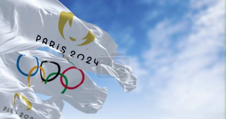 Photo for Paris, FR, Oct. 12 2023: Paris 2024 and the Olympics Games flags waving in the wind. International sporting event. Illustrative editorial 3d illustration render. - Royalty Free Image