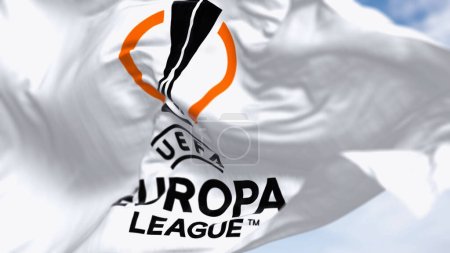 Foto de Dublín, IE, 20 dic 2023: Bandera de la UEFA Europa League ondeando al viento. Europa League es una competición anual de clubes de fútbol para clubes europeos. Ilustración editorial ilustrativa 3d render - Imagen libre de derechos