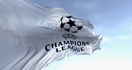 Photo for London, UK, Nov. 25 2023: close-up of UEFA Champions League flag waving. European football competition. Rippled fabric. Illustrative editorial 3d illustration render - Royalty Free Image