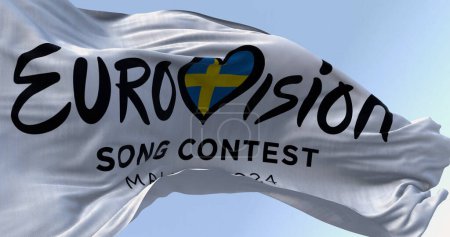 Téléchargez les photos : Malmo, SE, 25 octobre 2023 : Gros plan sur le Concours Eurovision de la chanson 2024 en saluant par temps clair. L'édition 2024 aura lieu à Malmo en mai. Illustration éditoriale 3d rendu - en image libre de droit